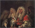 Hogarth's 1758 oil painting "The Bench": 3 judges in formal robes and wigs, 2 asleep, with a shadowy figure in the background